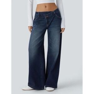 Halara Cloudful Crossover High Waisted Wide Leg Jeans Dark Wash Blue Size Large